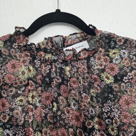 Calligraphie Women's Black Orange Floral All Over Print Ruffles Long Sleeves M - Picture 4 of 7